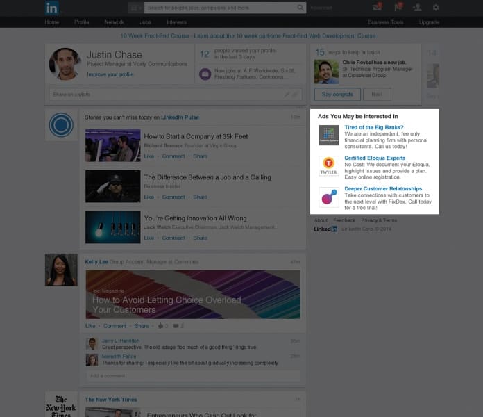 LinkedIn Text Ads appear in the side panel on desktop view