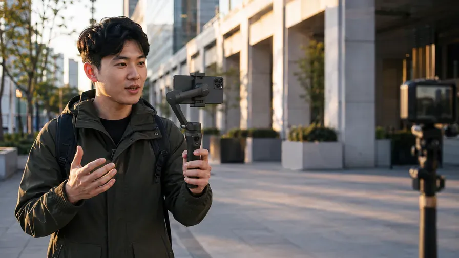 A creator filming on a gimbal in the city