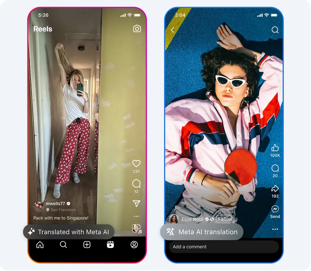 Meta’s official product examples show translation labels. Displayed engagement counts are demonstration UI, not campaign evidence. Image: Meta; original announcement October 2025, updated July 2026.