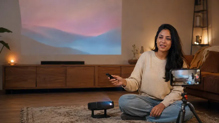 A creator demonstrating a projector at home