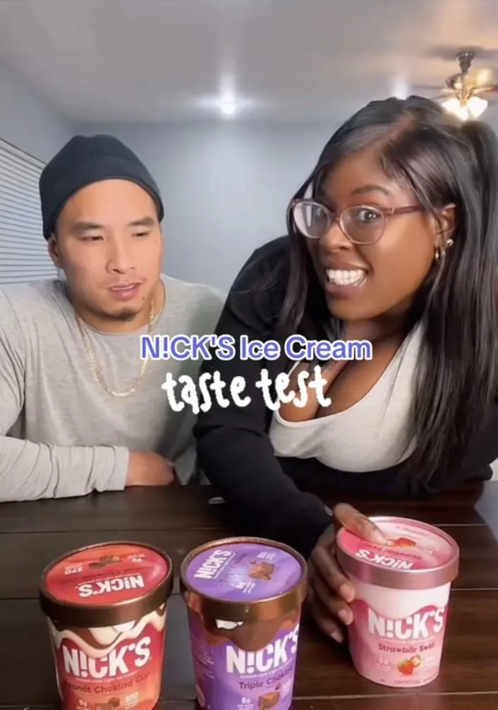 Two creators present N!CK’S ice-cream tubs in a taste-test setup.