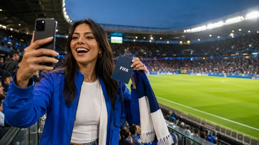 Fan taking a selfie in a stadium, holding a FIFA card
