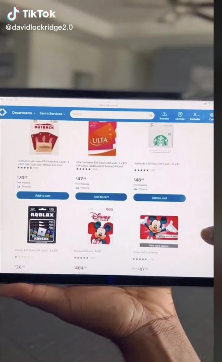 A tablet shows Sam's Club gift-card listings and add-to-cart buttons in a creator's TikTok post.