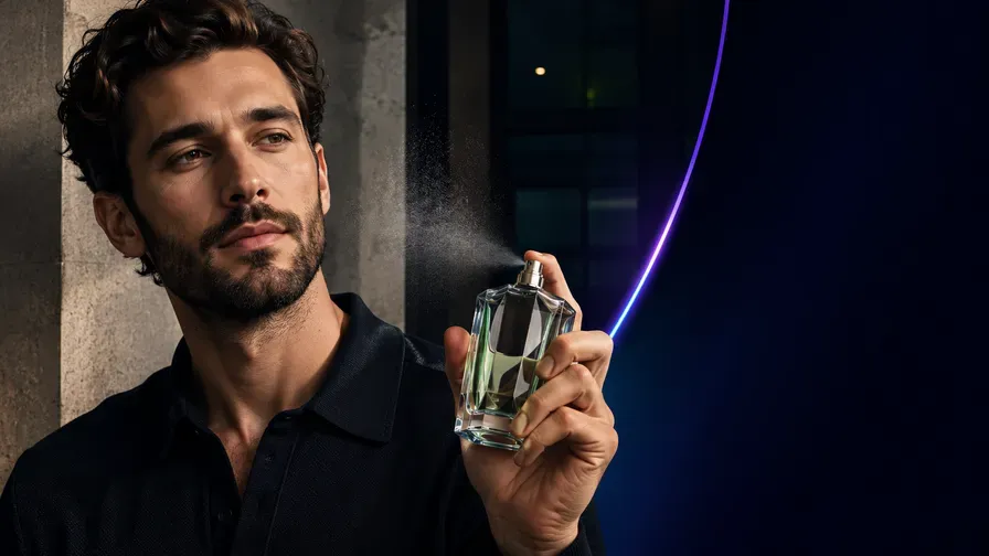 A creator spraying fragrance on camera