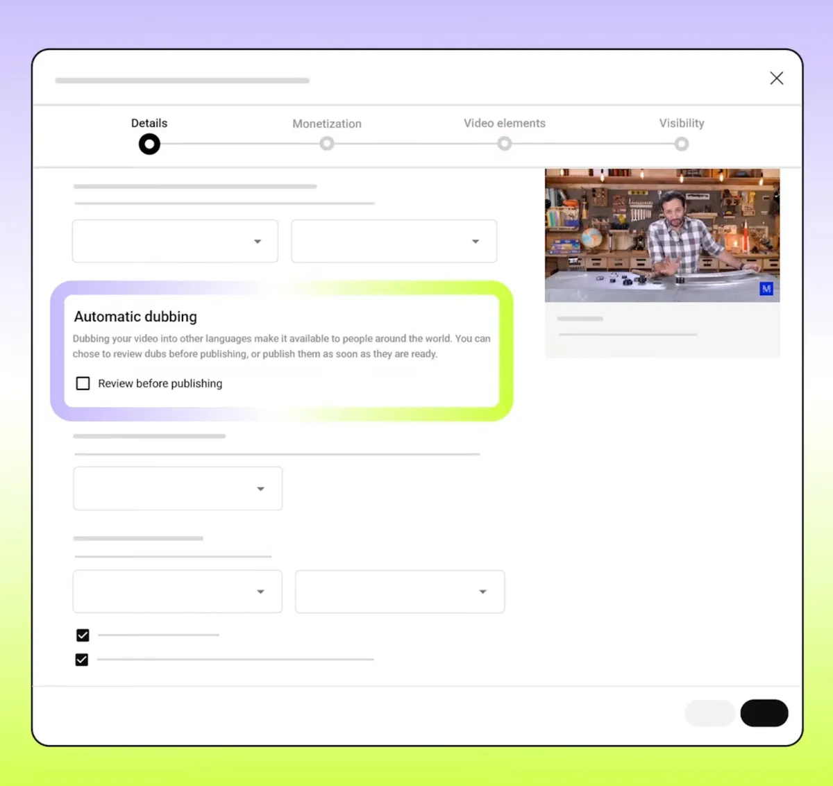 The review control in YouTube’s official auto-dubbing illustration, published December 2024. Product illustration, not a live 2026 account capture. Image: YouTube.
