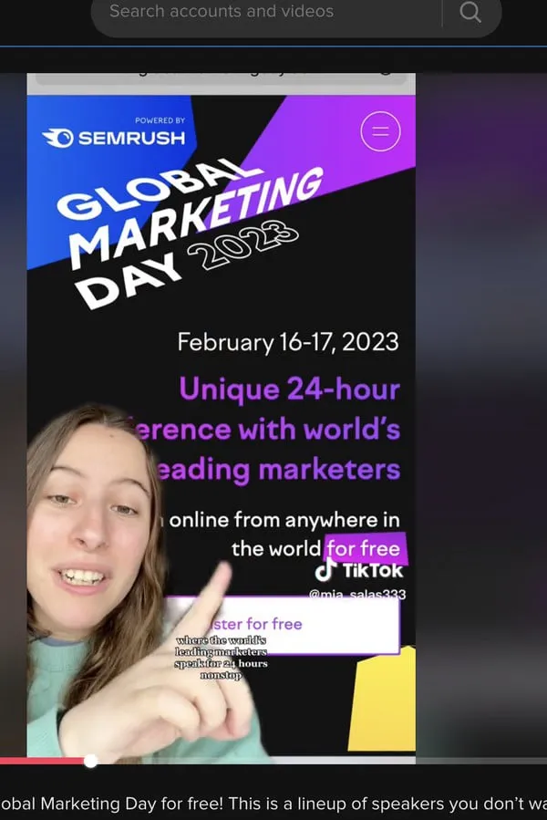 Mia Salas promotes Semrush's free Global Marketing Day event with the event page visible. Her campaign row combines several deliverables, so its click count should not be assigned to this still.
