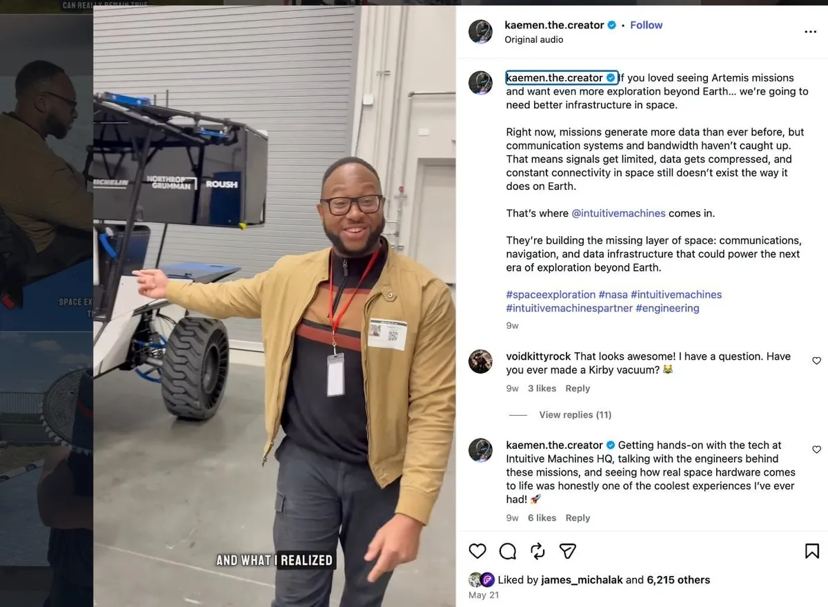 Kaemen the Creator at Intuitive Machines HQ. Access to the hardware gives the explanation a visible reference point. Original post screenshot retained.