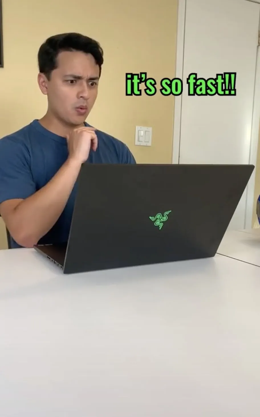 NVIDIA puts the laptop into the creator's everyday setup. Product explanation and a clear setup give the audience something concrete to consider.