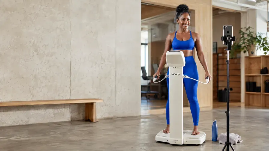 A creator filming a body-composition scan in a gym
