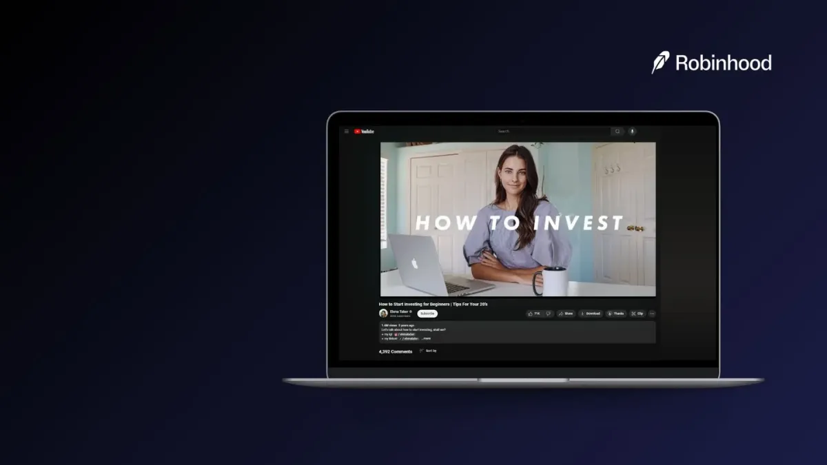 A Robinhood creator’s “How to invest” YouTube video playing on a laptop