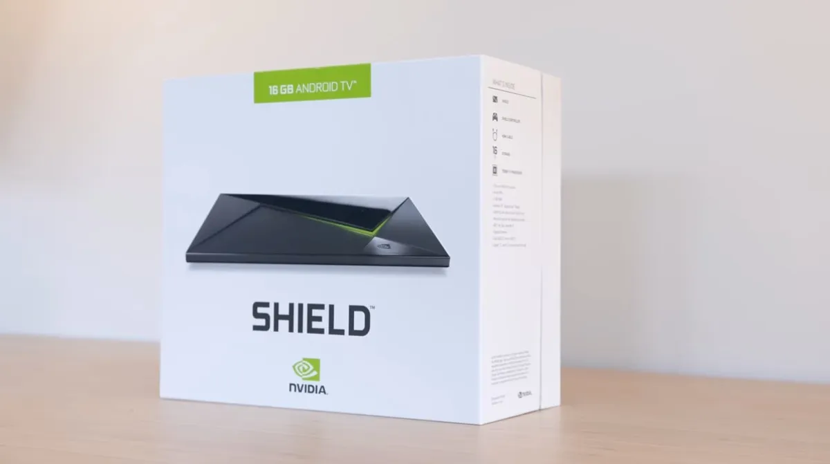 NVIDIA SHIELD Android TV box on a desk, filmed for a creator unboxing review