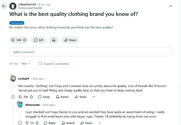 Reddit r/BuyItForLife post asking about the best quality clothing brand, with 544 upvotes and top comments