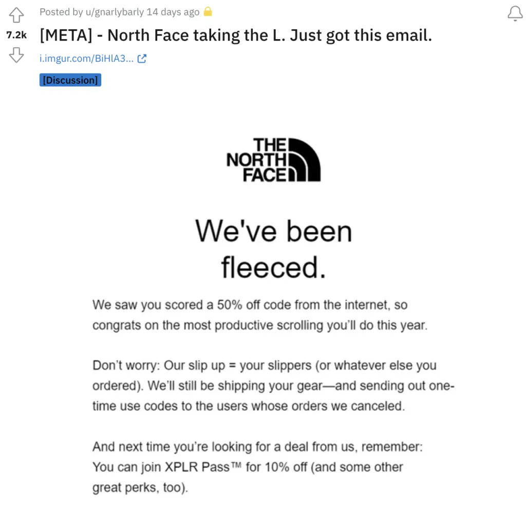 Reddit post sharing The North Face's We've been fleeced email after a 50% off code leak