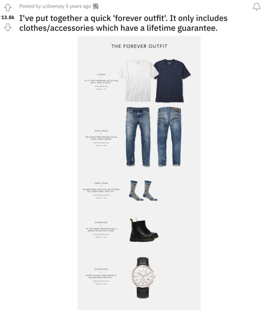 Reddit post titled The Forever Outfit showing lifetime-guaranteed clothing items