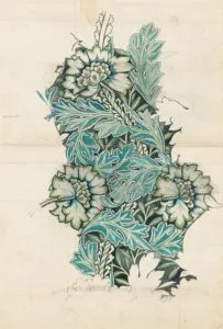 Antique hand-painted textile design of teal flowers and leaves on aged paper