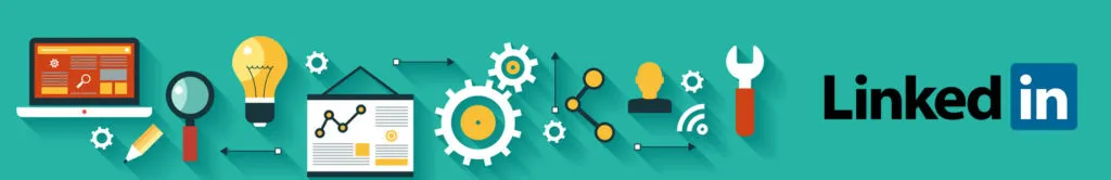 LinkedIn logo beside flat icons of gears, lightbulb, chart, and tools on a teal banner