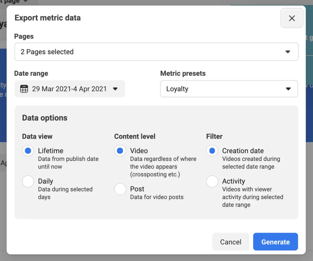 Facebook Export metric data dialog with date range, Loyalty preset, and video data options