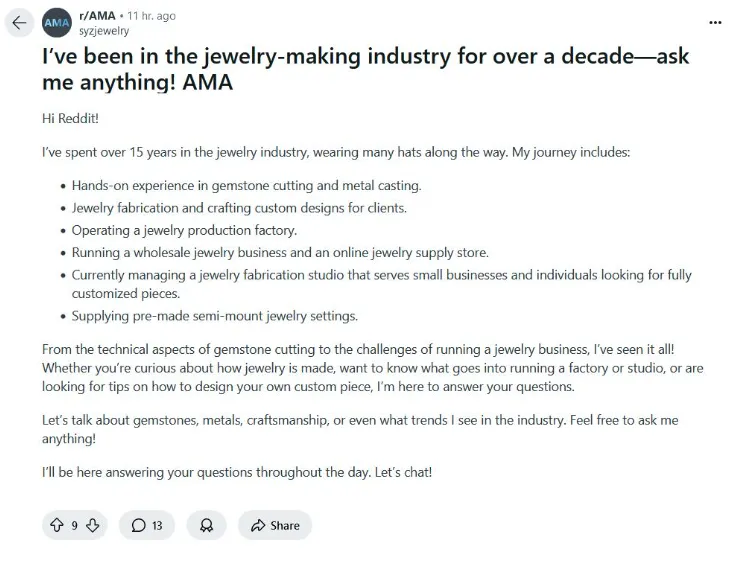 Reddit r/AMA jewelry-making post from a maker with over 15 years of experience inviting questions