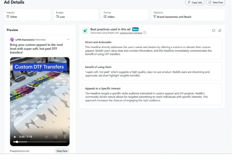 Reddit ad details panel for a custom DTF transfers video ad with AI creative best-practices analysis