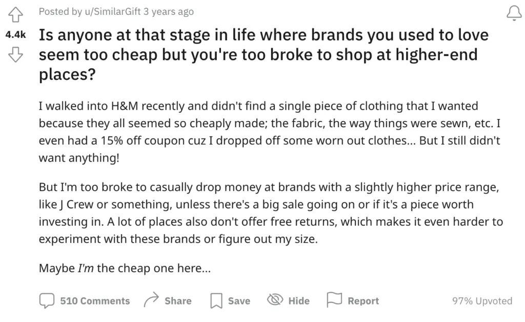 Reddit post asking if beloved brands feel too cheap but higher-end stores feel unaffordable