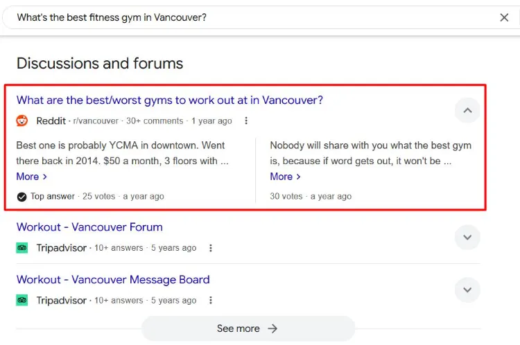 Google Discussions and forums result showing a Reddit r/vancouver thread about the best gyms in Vancouver