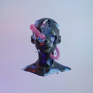 Glossy black sculpted human head sprouting clusters of pink and blue flowers