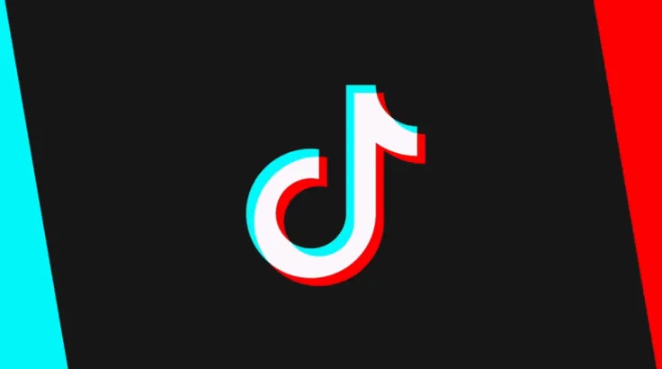 TikTok music-note logo in white with cyan and red glitch offset on black