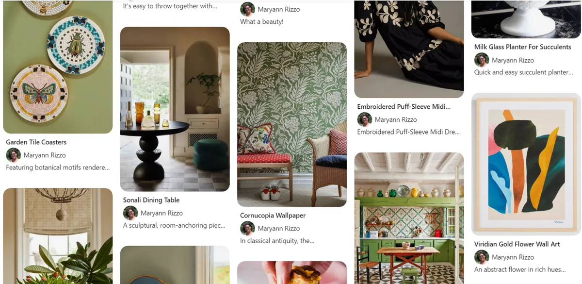 Pinterest home decor board with garden tile coasters, floral wallpaper and abstract wall art