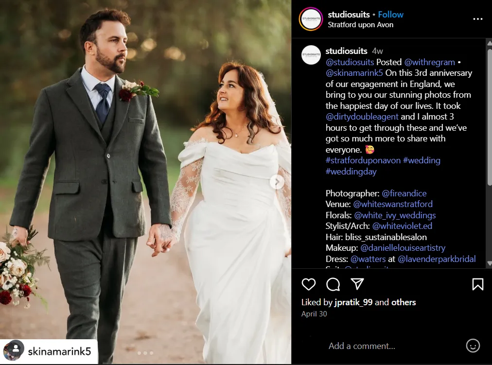 Instagram wedding post from studiosuits showing a bride and groom walking outdoors in Stratford upon Avon