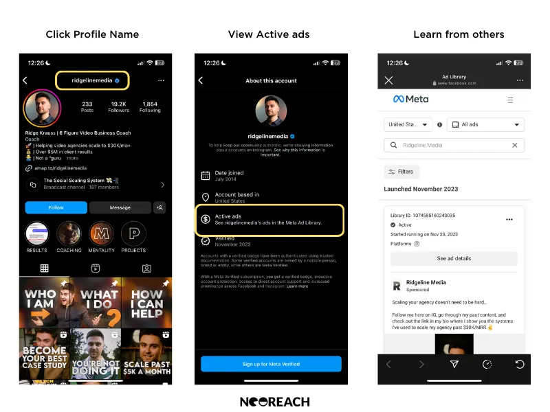 Three phone screens showing how to find a competitor's active ads via the Meta Ad Library