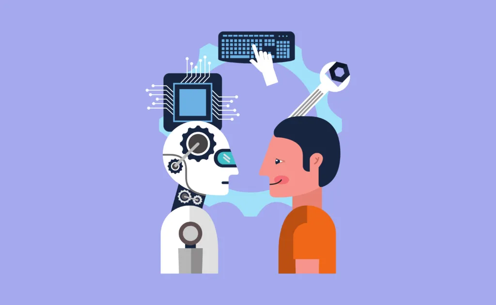 Flat illustration of a robot and a man facing each other with a keyboard, wrench and gear