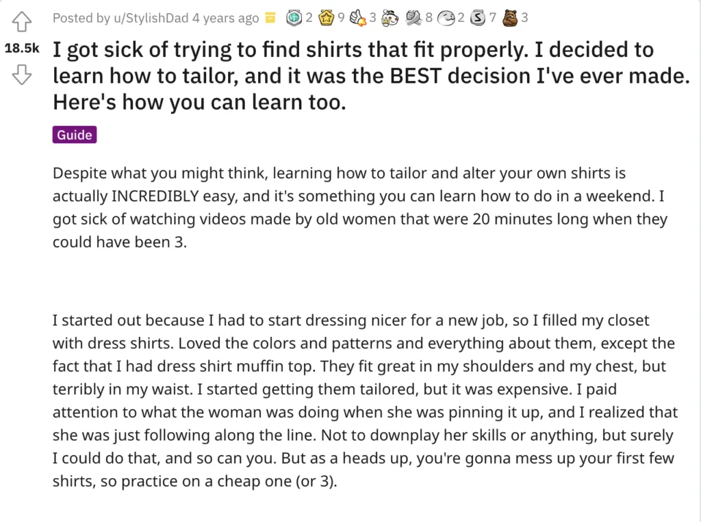 Reddit guide post about learning to tailor and alter your own dress shirts for a better fit