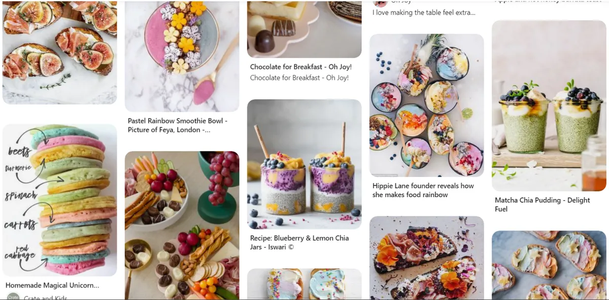 Pinterest board of colorful breakfasts including smoothie bowls, chia pudding and rainbow pancakes
