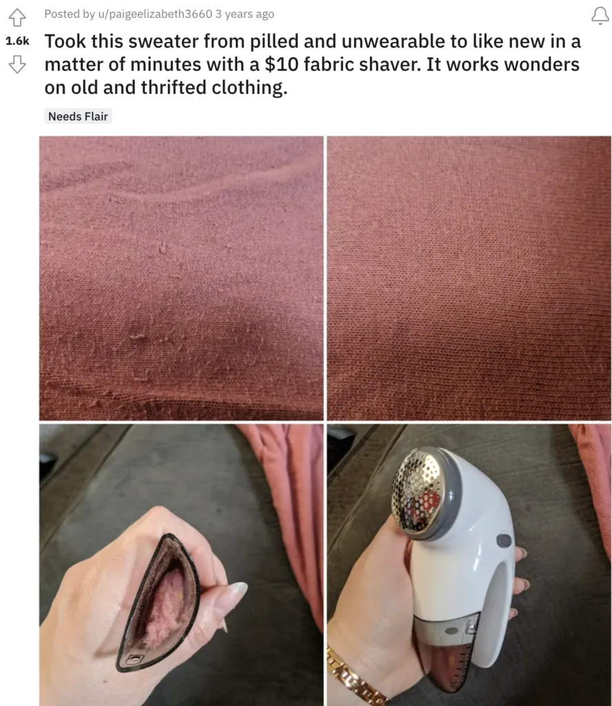 Reddit post showing a pilled maroon sweater restored to smooth with a $10 fabric shaver held over the fabric