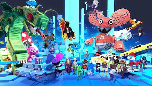 Voxel metaverse world crowded with blocky avatars, neon buildings, and a giant red robot