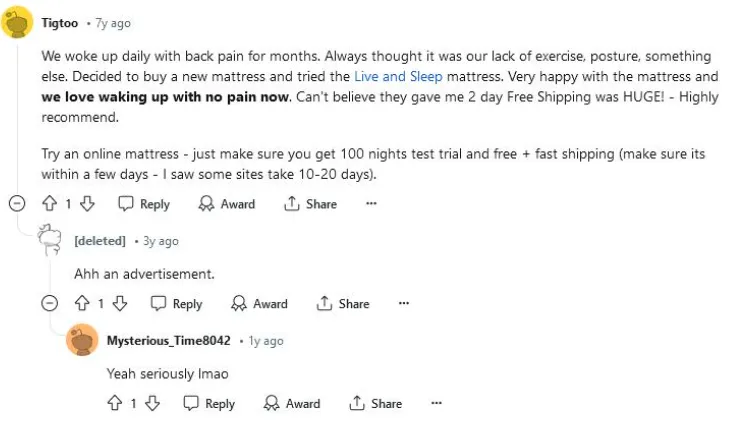 Reddit comment thread recommending a Live and Sleep mattress, with replies calling it an advertisement