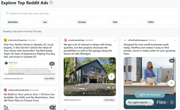 Reddit Ads Library showing top promoted real estate and workspace ad creatives filtered by vertical