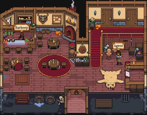 Pixel-art tavern game scene with a labeled Barkeep and Agent, wooden tables, and a bearskin rug