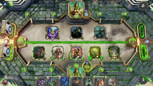 Fantasy digital card battle game board with glowing green lanes and stone arena backdrop