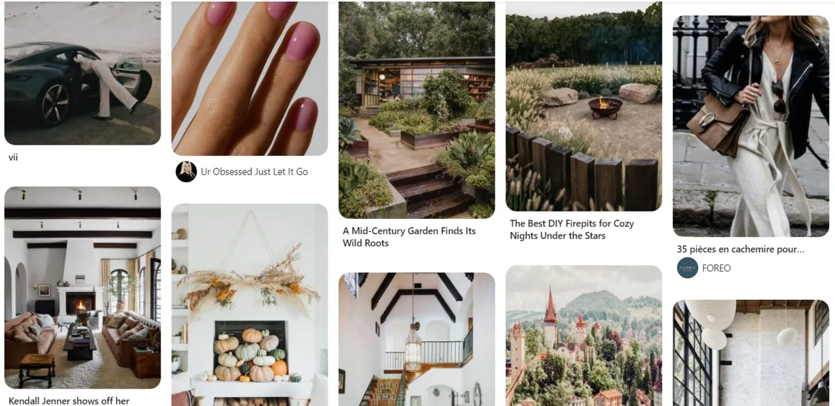 Pinterest lifestyle board mixing sports cars, manicures, gardens and cozy interiors