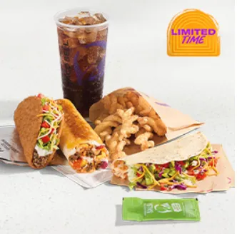Taco Bell limited-time meal with tacos, curly fries, a drink and a sauce packet