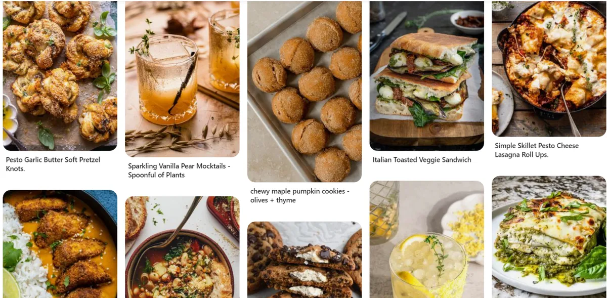 Pinterest food board grid of pretzel knots, mocktails, cookies, sandwiches and lasagna
