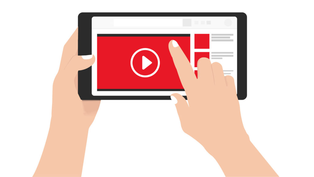 Graphic of hands holding tablet displaying YouTube in use Graphic of hands holding tablet displaying YouTube in use