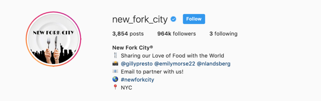 New Fork City's Instagram bio featuring a meaningful description