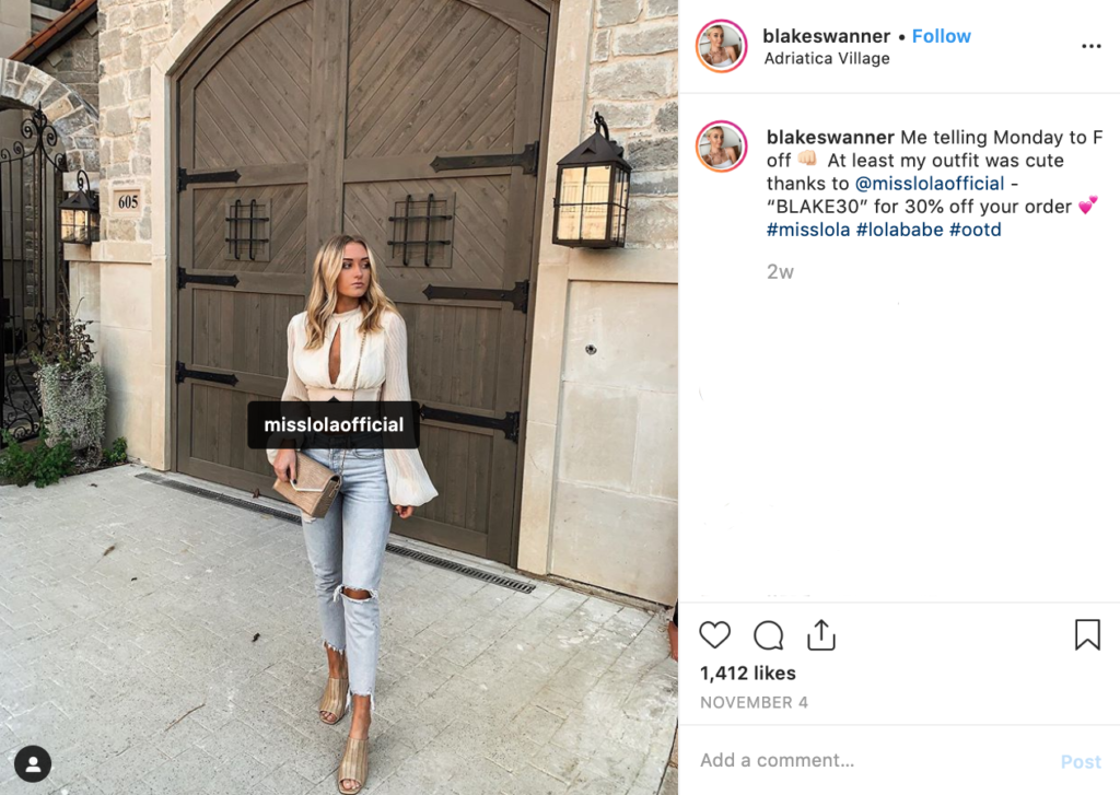 Influencer Blake Swanner includes both a code and a hashtag disclosing the ad