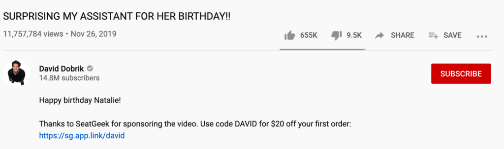 David Dobrik Seat Geek Sponsorship