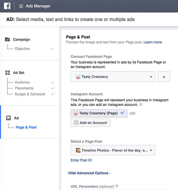 Mobile display of Facebook Ads Manager
