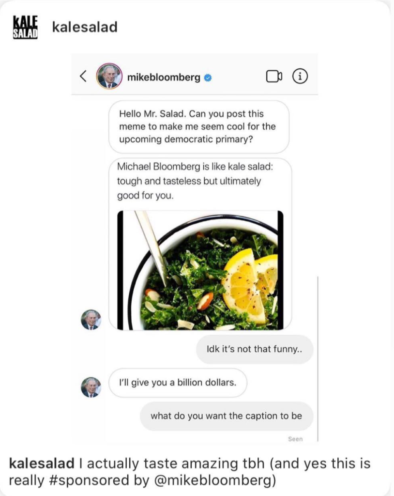 Bloomberg campaign with kalesalad meme account