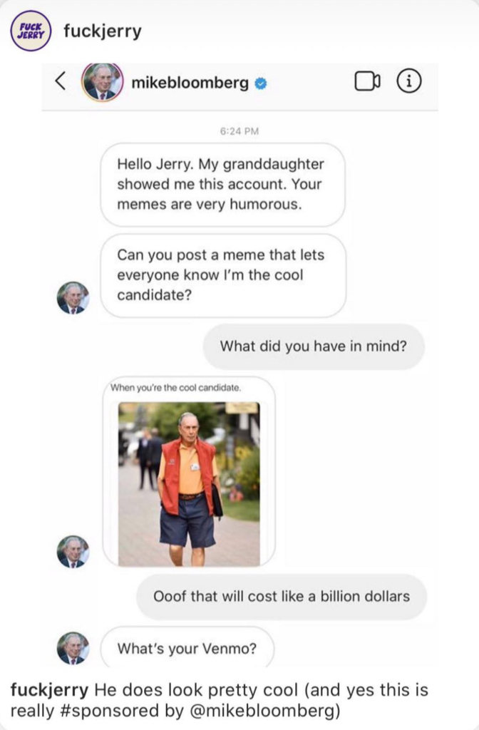 Popular meme account fuckjerry partners with Michael Bloomberg ad campaign
