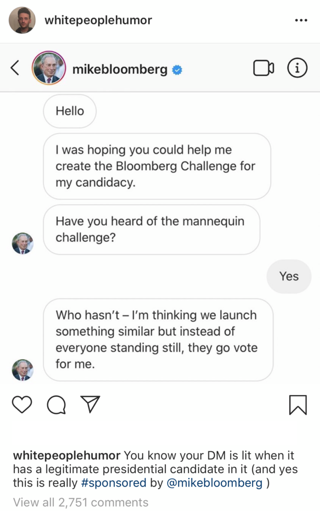 Bloomberg DM meme campaign featuring sponsored posts of screenshots